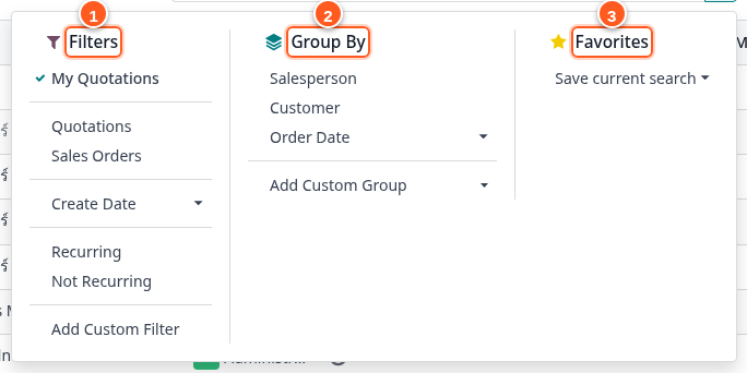 Filters / Group By / Favorites